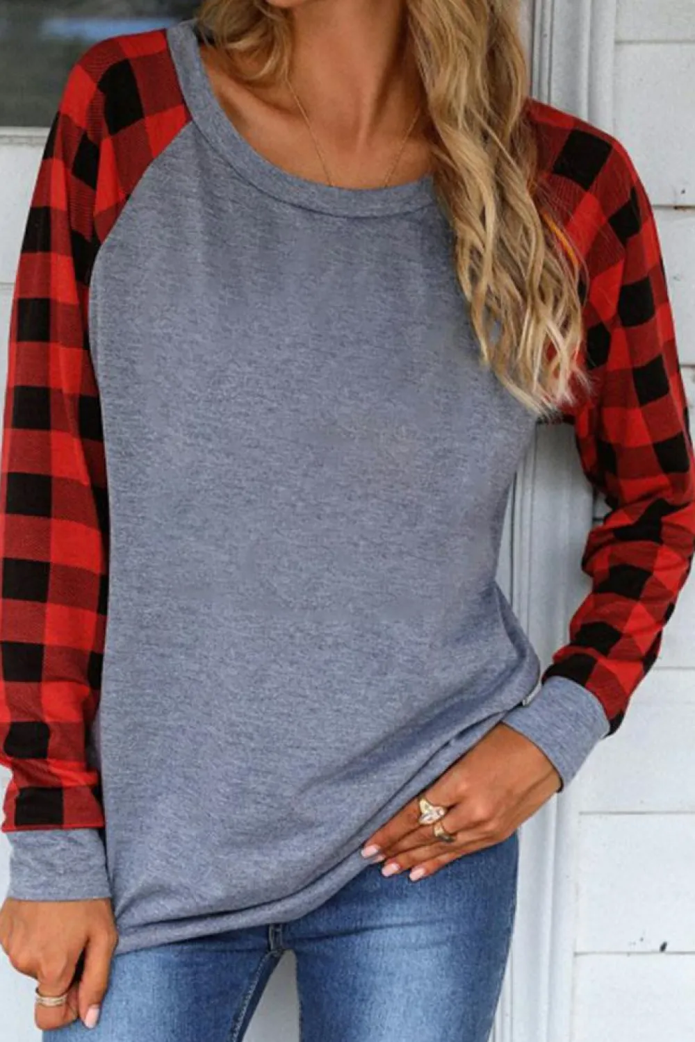 Hot Dear-Lover Plaid Raglan Long Sleeve Top Fiery Red