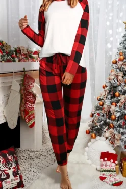 Outlet Dear-Lover Plaid Raglan Sleeves Top and Drawstring Pants Lounge Set Fiery Red