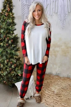 Outlet Dear-Lover Plaid Raglan Sleeves Top and Drawstring Pants Lounge Set Fiery Red