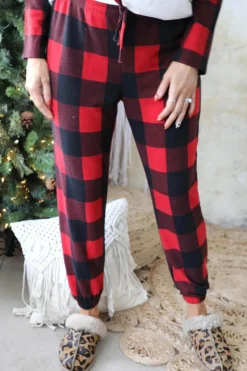 Outlet Dear-Lover Plaid Raglan Sleeves Top and Drawstring Pants Lounge Set Fiery Red