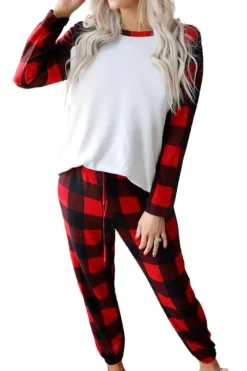 Outlet Dear-Lover Plaid Raglan Sleeves Top and Drawstring Pants Lounge Set Fiery Red