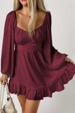 Hot Dear-Lover Plain Ruffled High Waist Square Neck Mini Dress Fiery Red
