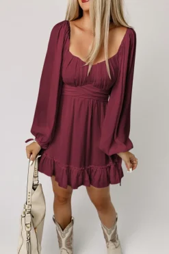 Hot Dear-Lover Plain Ruffled High Waist Square Neck Mini Dress Fiery Red