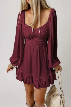 Hot Dear-Lover Plain Ruffled High Waist Square Neck Mini Dress Fiery Red