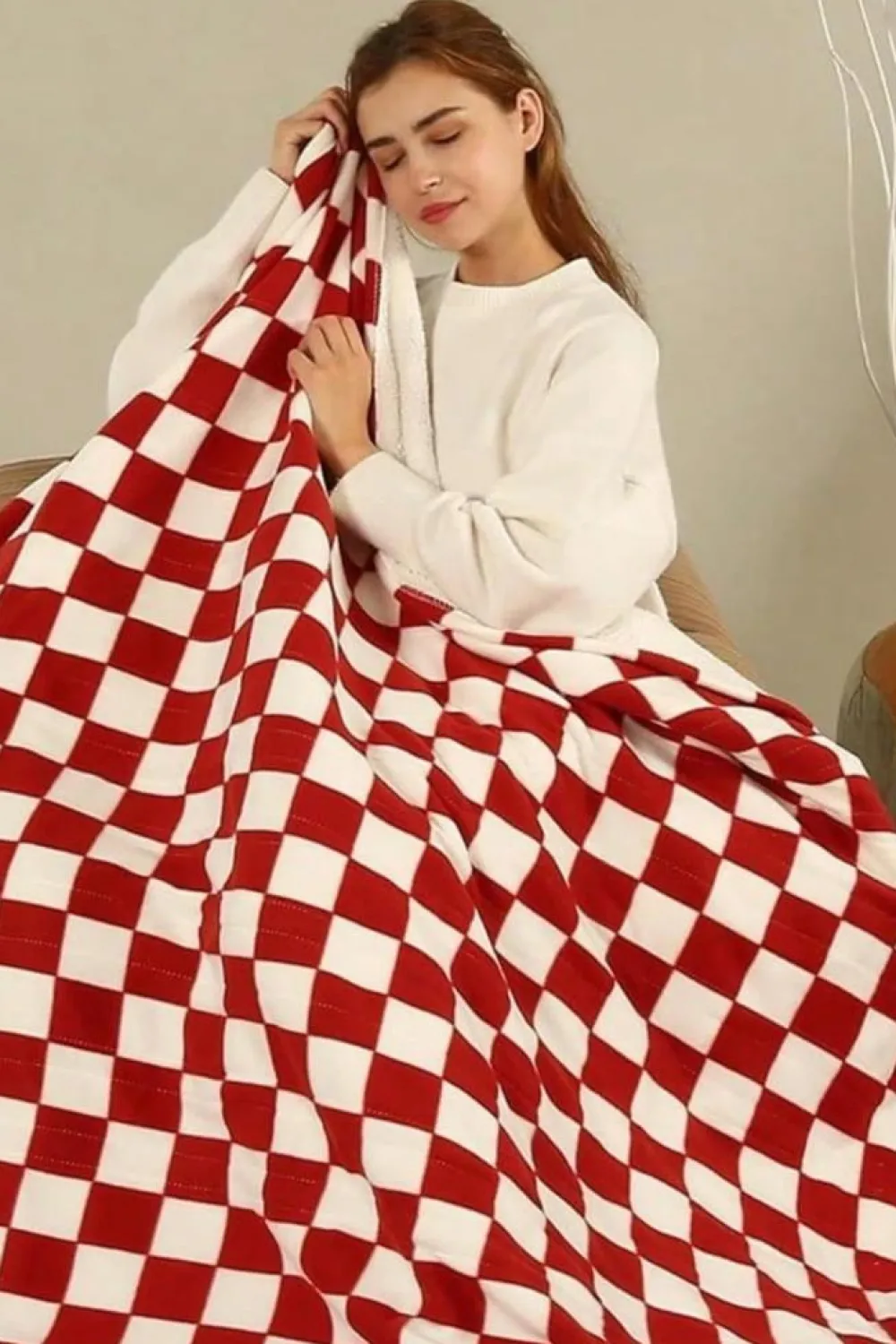 Sale Dear-Lover Plush Checkered Print Sofa Blanket 127*152cm Fiery Red