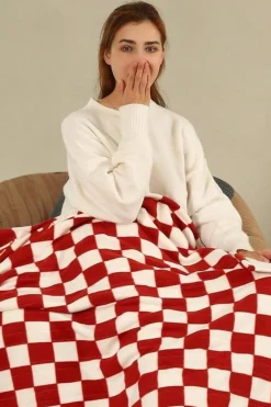 Sale Dear-Lover Plush Checkered Print Sofa Blanket 127*152cm Fiery Red