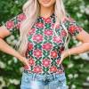 Best Dear-Lover Retro Floral Print Crew Neck T Shirt Fiery Red