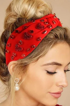 Sale Dear-Lover Rhinestone Heart Glass Drill Studded Knotted Wide Headband Fiery Red