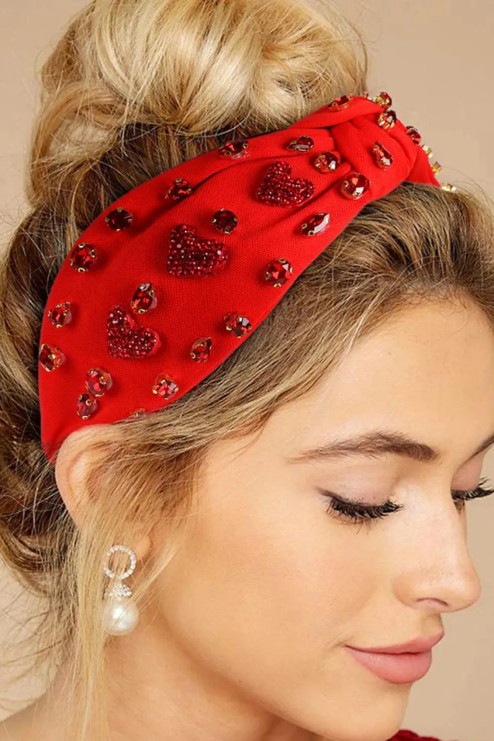 Sale Dear-Lover Rhinestone Heart Glass Drill Studded Knotted Wide Headband Fiery Red