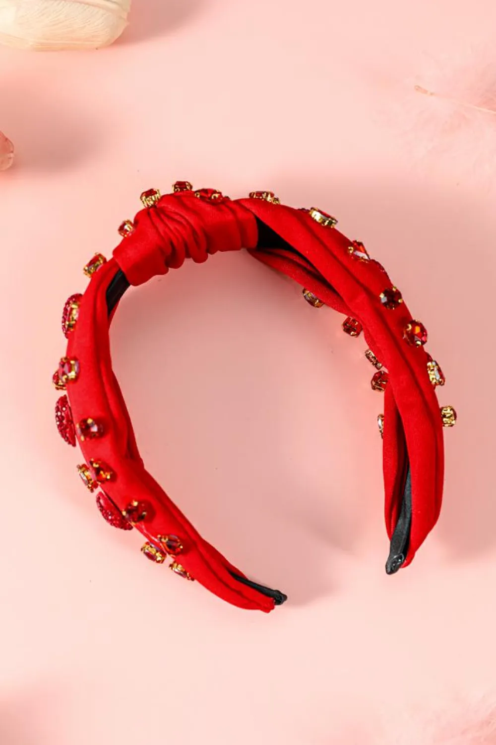 Sale Dear-Lover Rhinestone Heart Glass Drill Studded Knotted Wide Headband Fiery Red