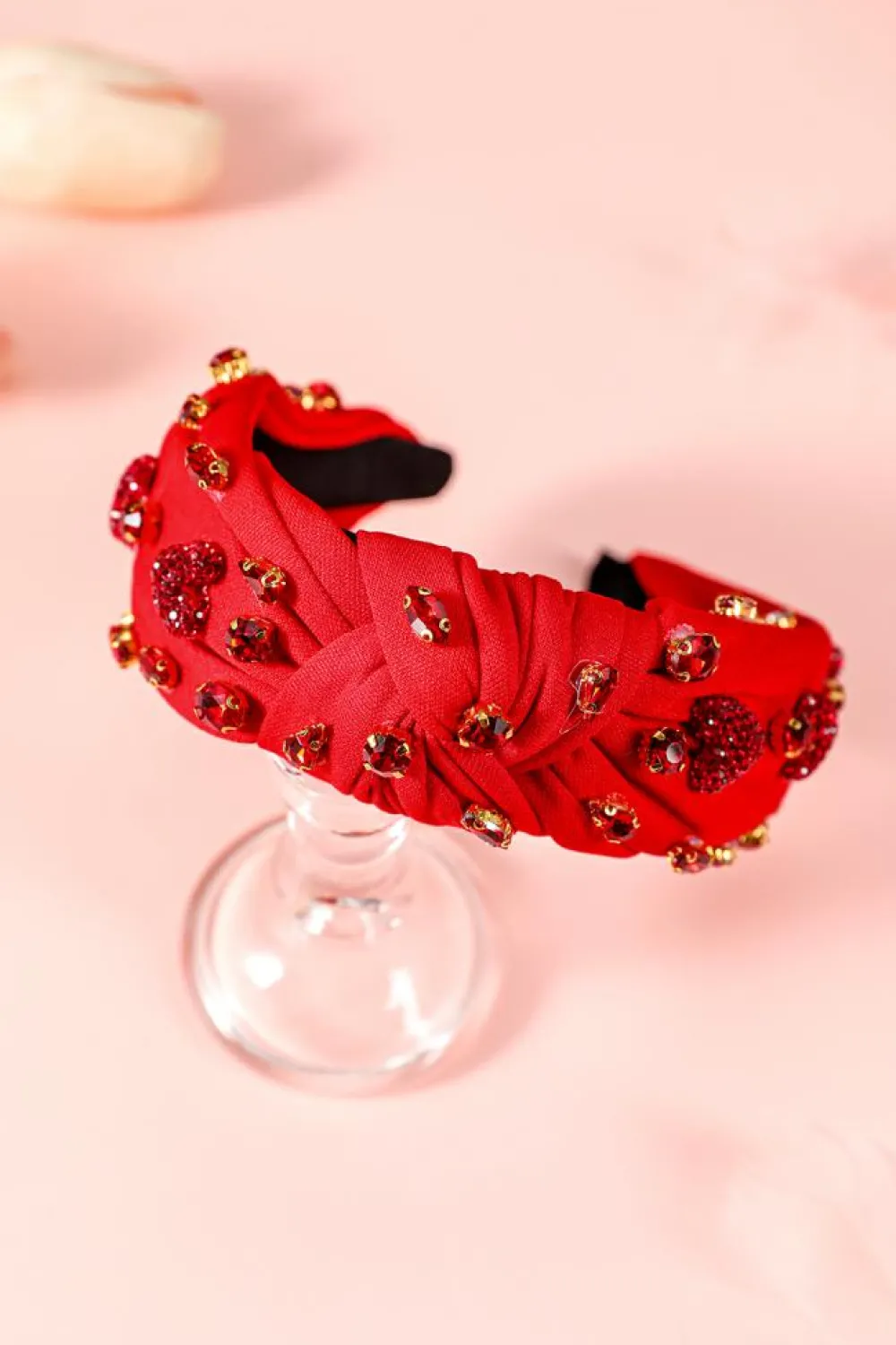 Sale Dear-Lover Rhinestone Heart Glass Drill Studded Knotted Wide Headband Fiery Red