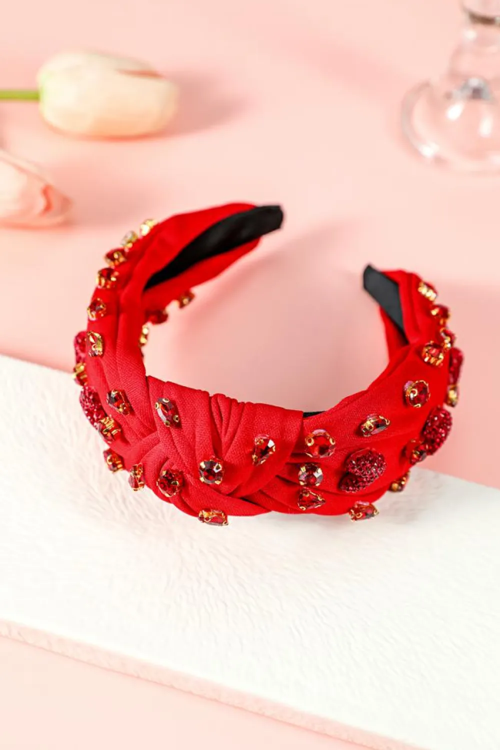 Sale Dear-Lover Rhinestone Heart Glass Drill Studded Knotted Wide Headband Fiery Red