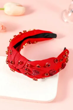 Sale Dear-Lover Rhinestone Heart Glass Drill Studded Knotted Wide Headband Fiery Red