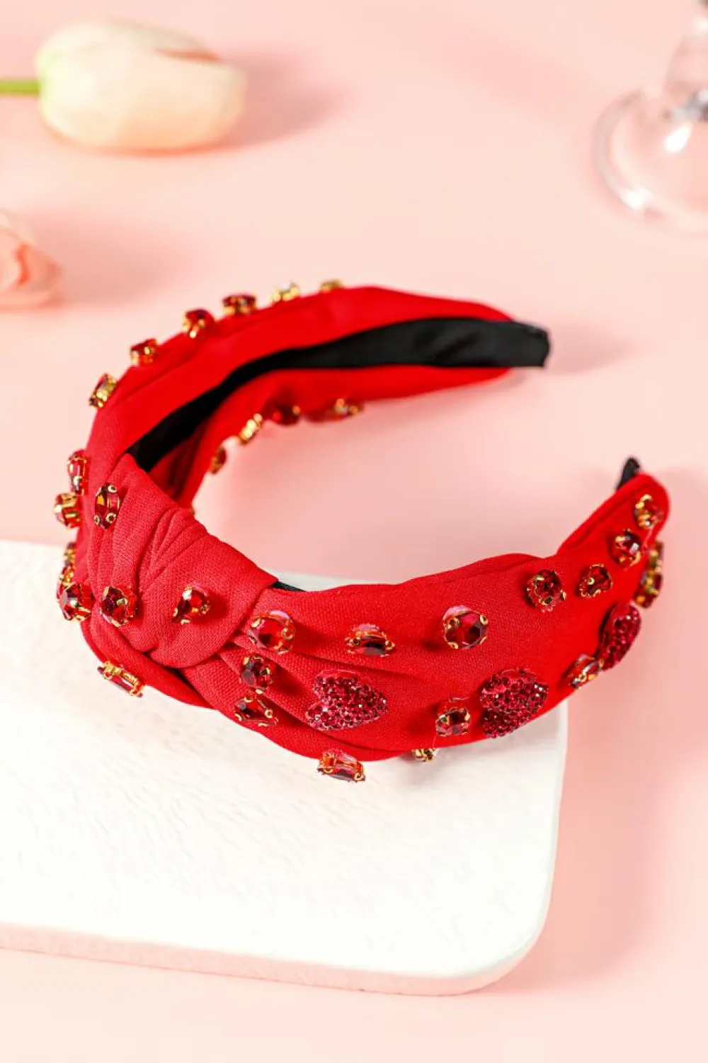 Sale Dear-Lover Rhinestone Heart Glass Drill Studded Knotted Wide Headband Fiery Red