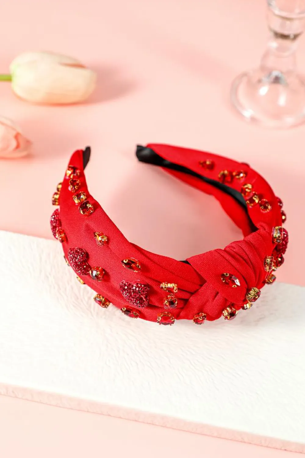 Sale Dear-Lover Rhinestone Heart Glass Drill Studded Knotted Wide Headband Fiery Red