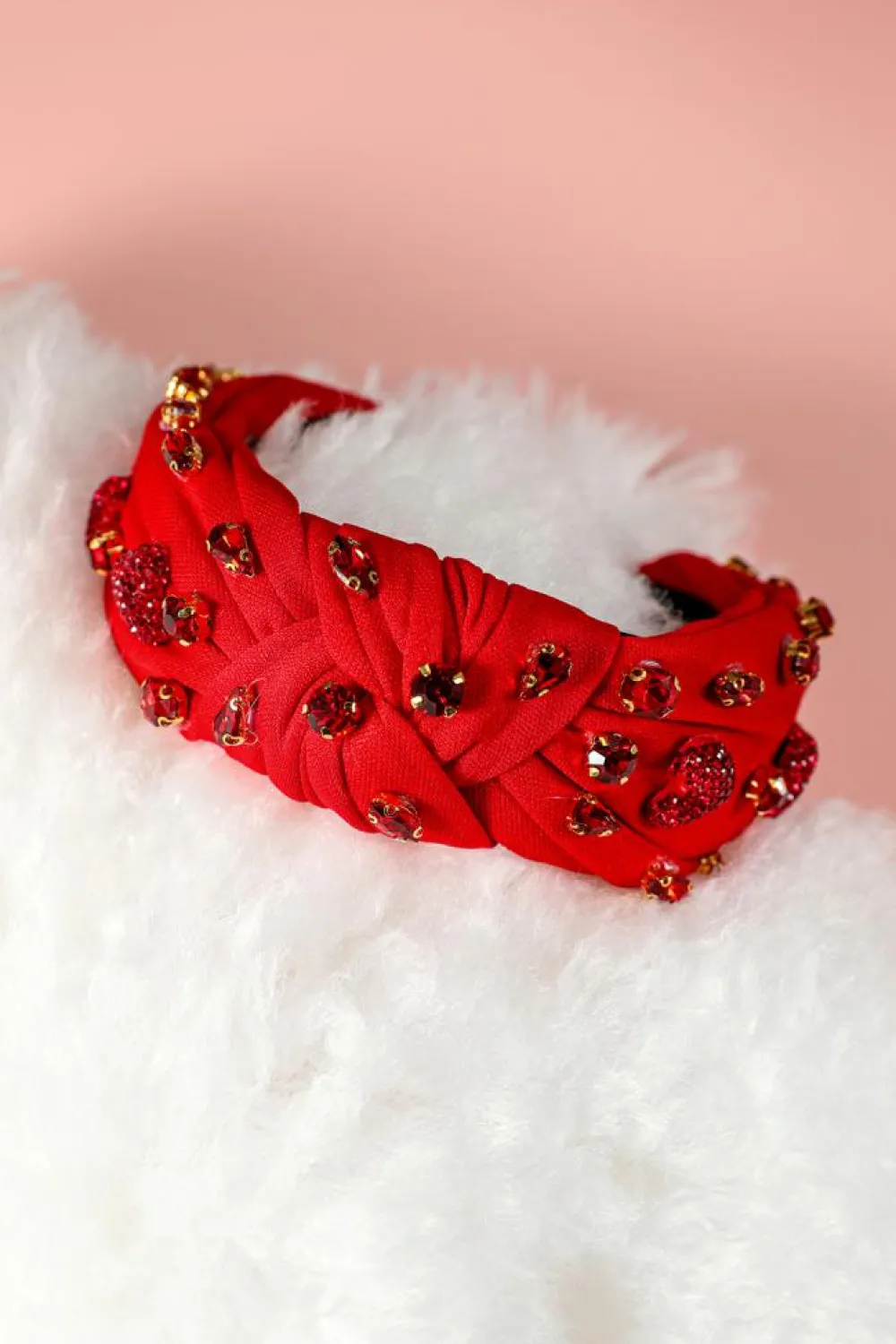 Sale Dear-Lover Rhinestone Heart Glass Drill Studded Knotted Wide Headband Fiery Red