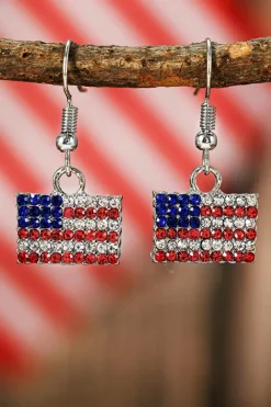 Clearance Dear-Lover Rhinestone USA Flag Squared Drop Earrings Fiery Red