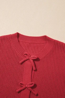 New Dear-Lover Ribbed Knit Bow Front Buttoned Cardigan Fiery Red