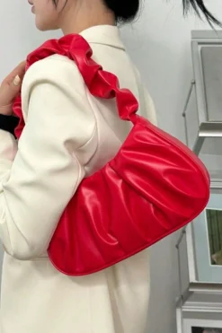 Fashion Dear-Lover Ruched Faux Leather Shoulder Bag Fiery Red