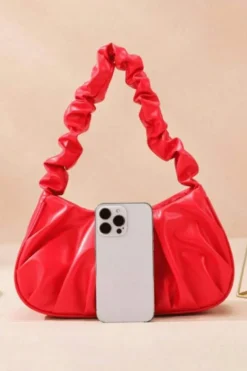 Fashion Dear-Lover Ruched Faux Leather Shoulder Bag Fiery Red