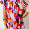Clearance Dear-Lover Ruffle Cap Sleeve Frill Mock Neck Printed Top Fiery Red