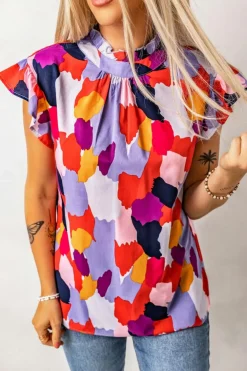 Clearance Dear-Lover Ruffle Cap Sleeve Frill Mock Neck Printed Top Fiery Red