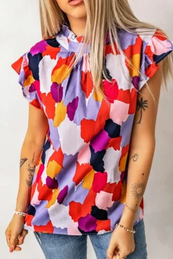 Clearance Dear-Lover Ruffle Cap Sleeve Frill Mock Neck Printed Top Fiery Red