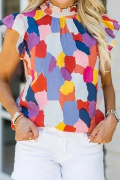 Clearance Dear-Lover Ruffle Cap Sleeve Frill Mock Neck Printed Top Fiery Red