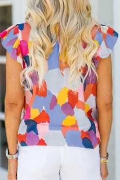 Clearance Dear-Lover Ruffle Cap Sleeve Frill Mock Neck Printed Top Fiery Red