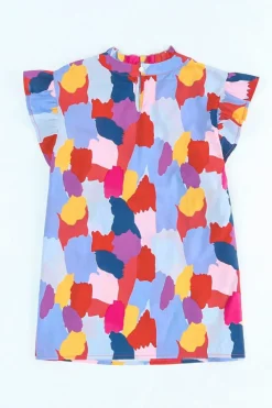 Clearance Dear-Lover Ruffle Cap Sleeve Frill Mock Neck Printed Top Fiery Red