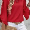Discount Dear-Lover Ruffle Trimmed 3/4 Sleeve Round Neck Blouse Fiery Red