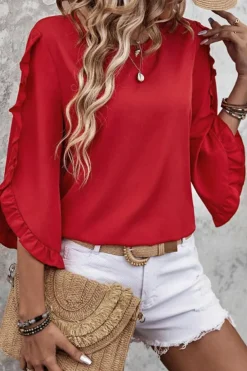 Discount Dear-Lover Ruffle Trimmed 3/4 Sleeve Round Neck Blouse Fiery Red