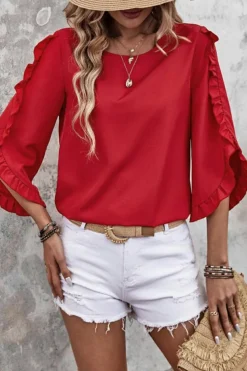Discount Dear-Lover Ruffle Trimmed 3/4 Sleeve Round Neck Blouse Fiery Red