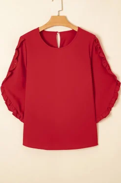Discount Dear-Lover Ruffle Trimmed 3/4 Sleeve Round Neck Blouse Fiery Red