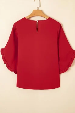 Discount Dear-Lover Ruffle Trimmed 3/4 Sleeve Round Neck Blouse Fiery Red