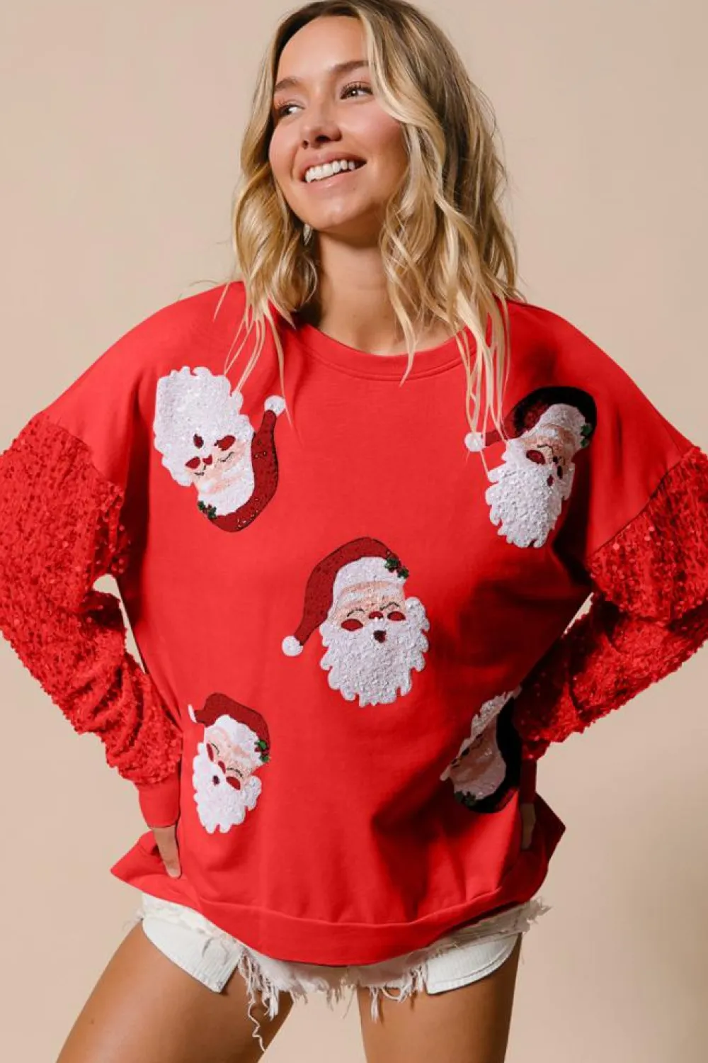 Best Dear-Lover Sequined Santa Claus Long Sleeve Christmas Sweatshirt Fiery Red
