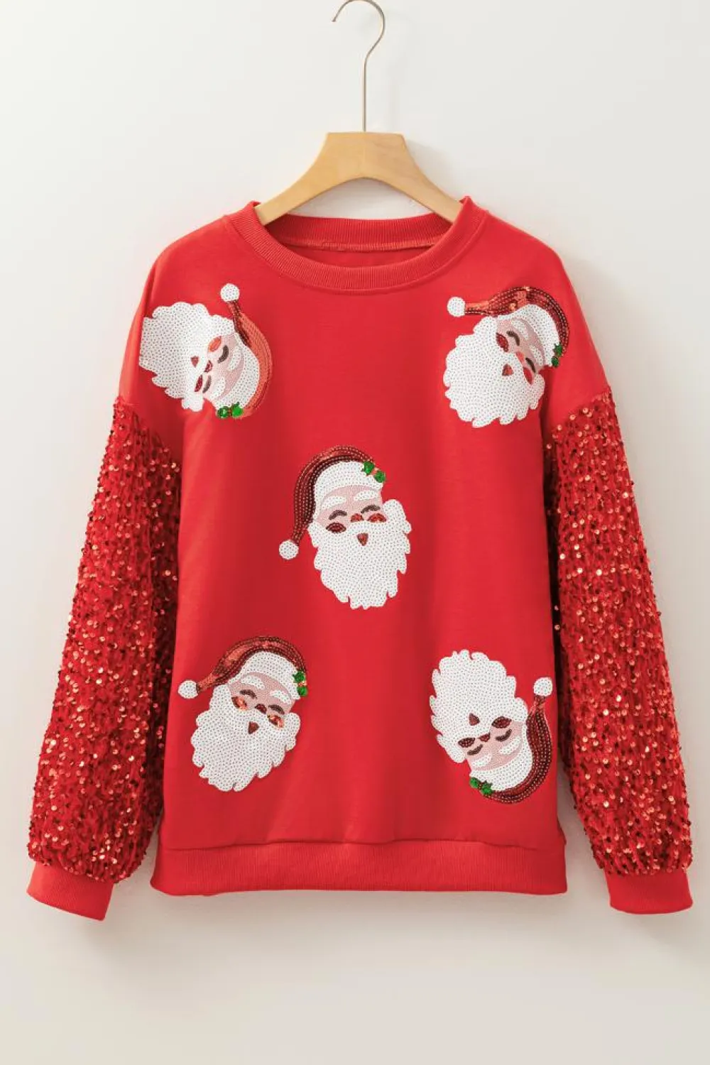 Best Dear-Lover Sequined Santa Claus Long Sleeve Christmas Sweatshirt Fiery Red