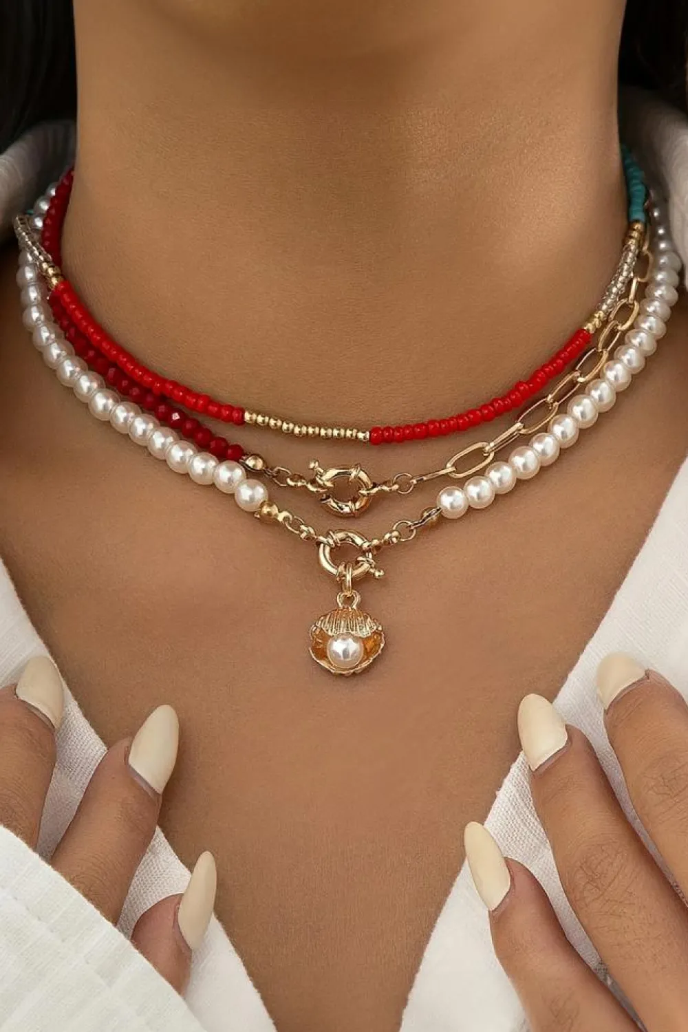 Discount Dear-Lover Shell Pendant Pearl Beaded Adjustable Layered Necklace Fiery Red