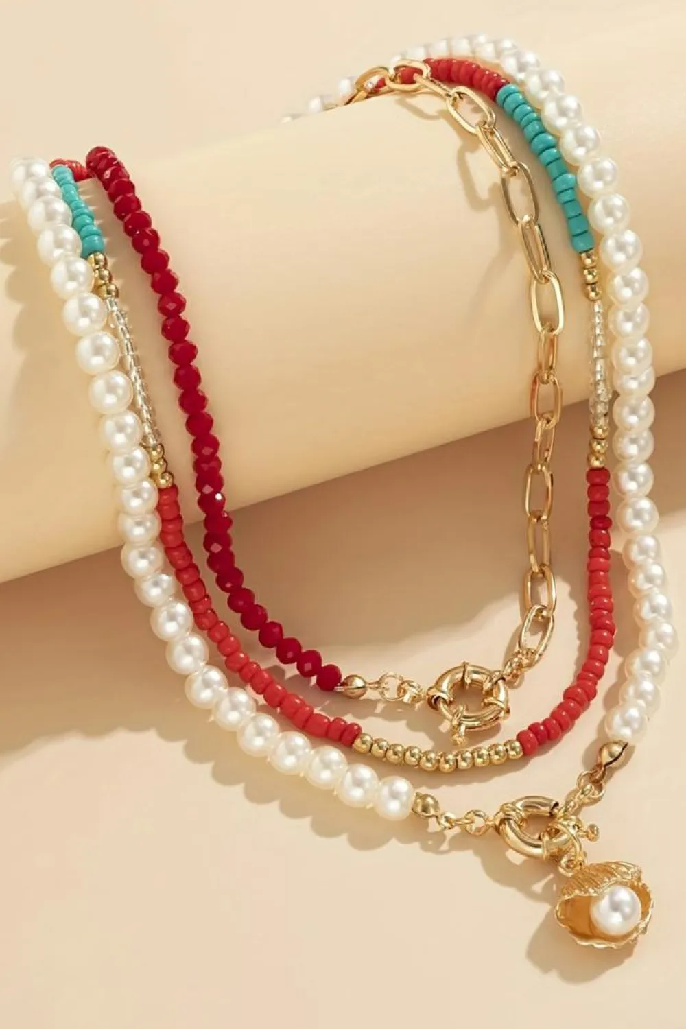 Discount Dear-Lover Shell Pendant Pearl Beaded Adjustable Layered Necklace Fiery Red