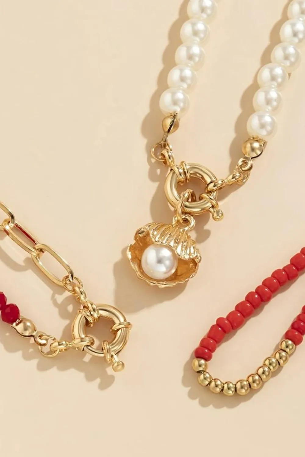 Discount Dear-Lover Shell Pendant Pearl Beaded Adjustable Layered Necklace Fiery Red