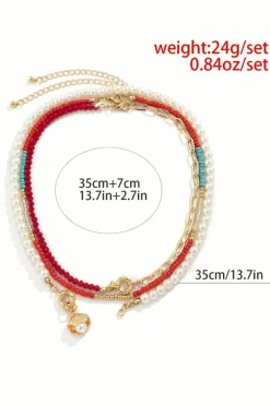 Discount Dear-Lover Shell Pendant Pearl Beaded Adjustable Layered Necklace Fiery Red