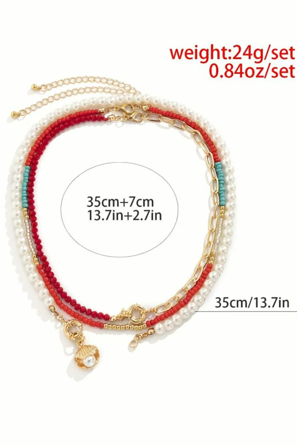 Discount Dear-Lover Shell Pendant Pearl Beaded Adjustable Layered Necklace Fiery Red