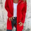 Fashion Dear-Lover Solid Color Casual Zip up Hooded Coat Fiery Red