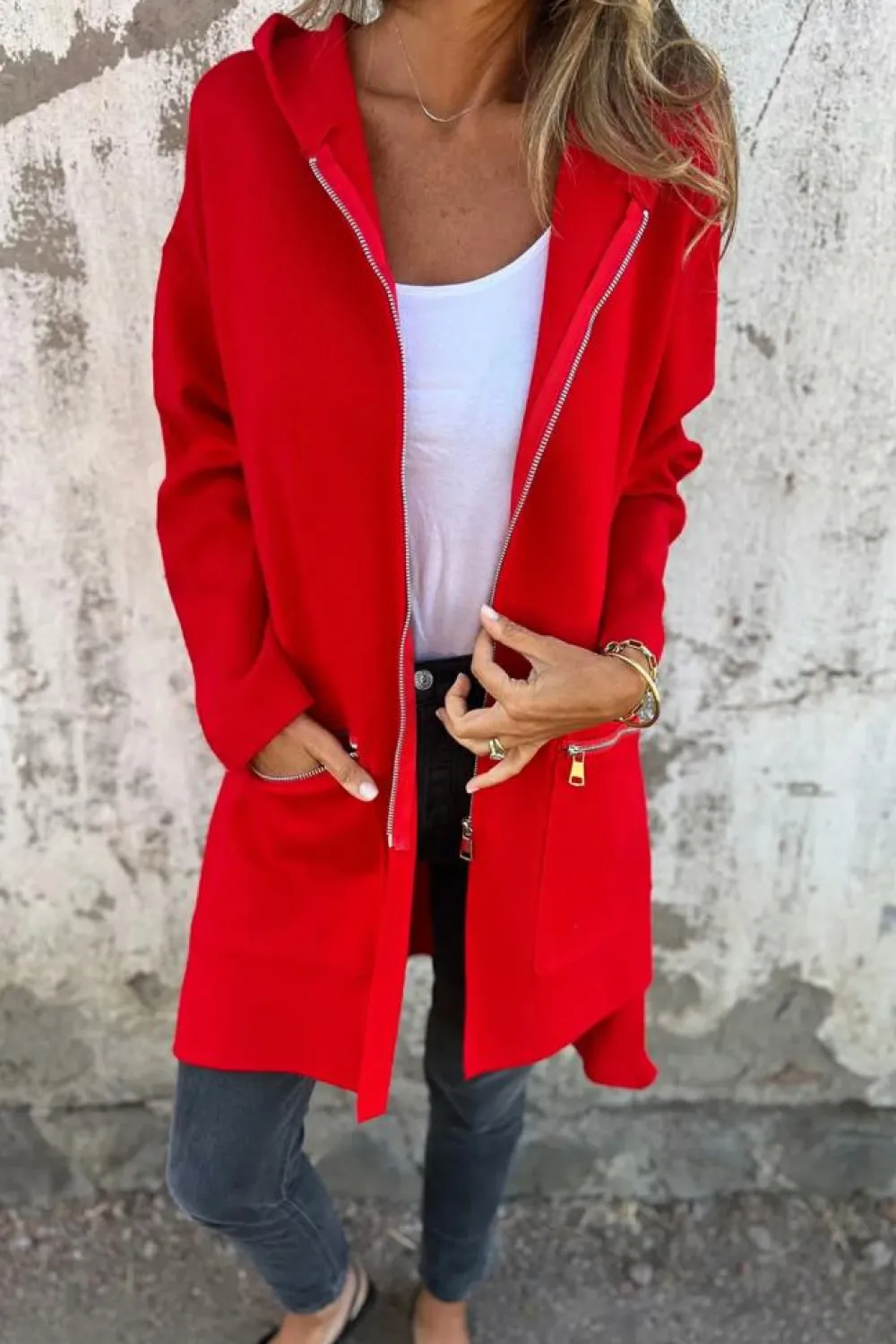 Fashion Dear-Lover Solid Color Casual Zip up Hooded Coat Fiery Red