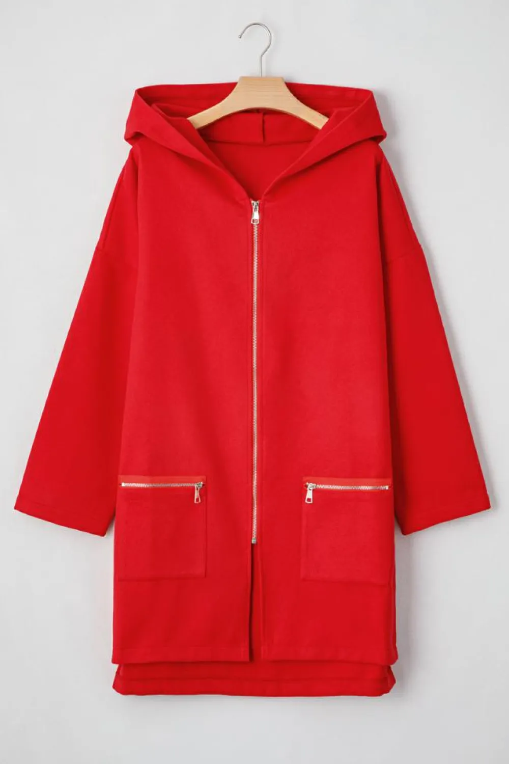Fashion Dear-Lover Solid Color Casual Zip up Hooded Coat Fiery Red