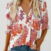 Fashion Dear-Lover Fiery Red Solid Color Half Sleeve V Neck Blouse Red-2