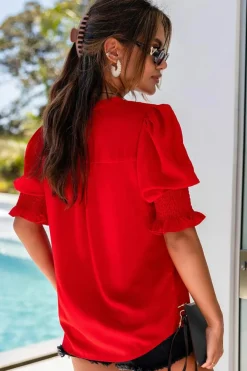 Fashion Dear-Lover Solid Color Half Sleeve V Neck Blouse Fiery Red