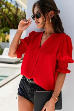 Fashion Dear-Lover Solid Color Half Sleeve V Neck Blouse Fiery Red