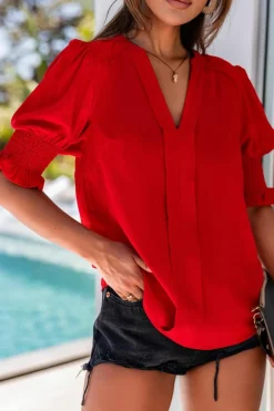 Fashion Dear-Lover Solid Color Half Sleeve V Neck Blouse Fiery Red