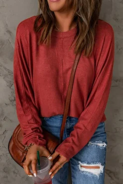 Hot Dear-Lover Solid Color Patchwork Long Sleeve Top Fiery Red